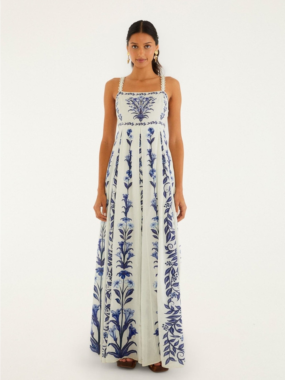 FARM Rio Off-White Flowers Arch Pleats Maxi Dress XS